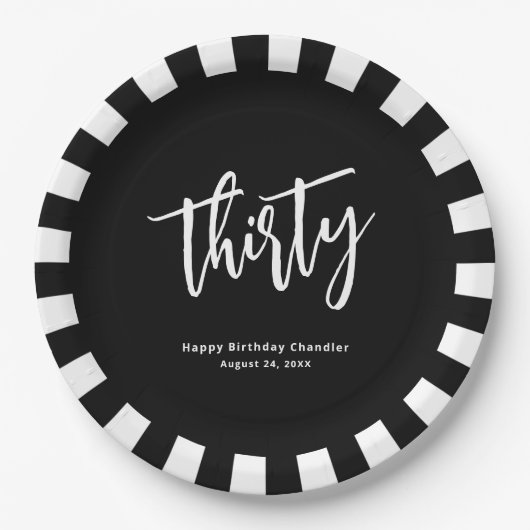 Eenvoudig zwart-wit 30e verjaardagsfeestje papieren bordje (Voorkant)