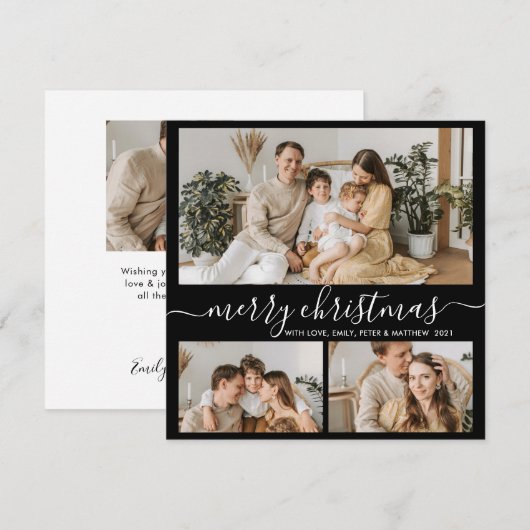 Eenvoudig zwart wit 3 Fotocollage kersthoes Feestdagenkaart (Voorkant / Achterkant)
