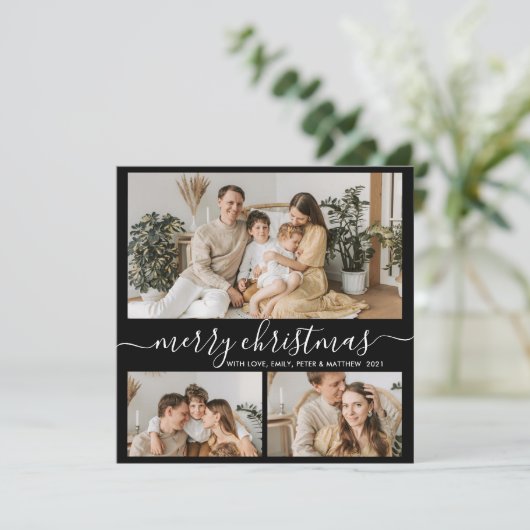 Eenvoudig zwart wit 3 Fotocollage kersthoes Feestdagenkaart (Staand voorkant)