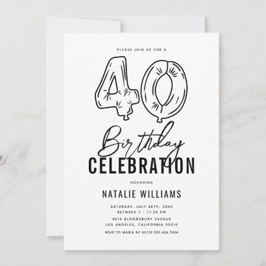 Eenvoudig zwart-wit 40e verjaardagsfeest kaart (Voorkant)