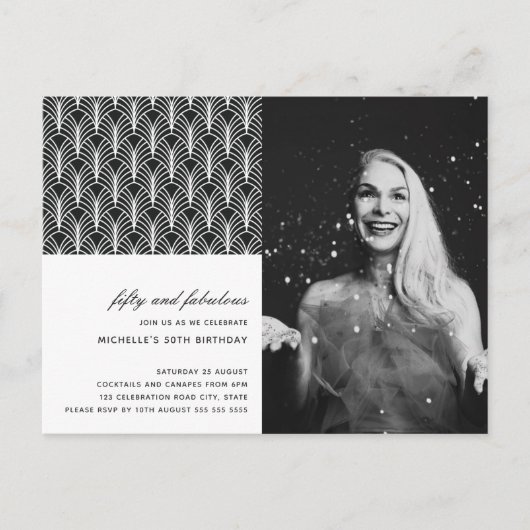 Eenvoudig Zwart Wit 50 en Fabulous Art Deco 50th Briefkaart (Voorkant)