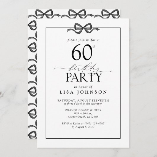 Eenvoudig Zwart & Wit 60e Verjaardagsfeestje Bow Kaart (Voorkant / Achterkant)
