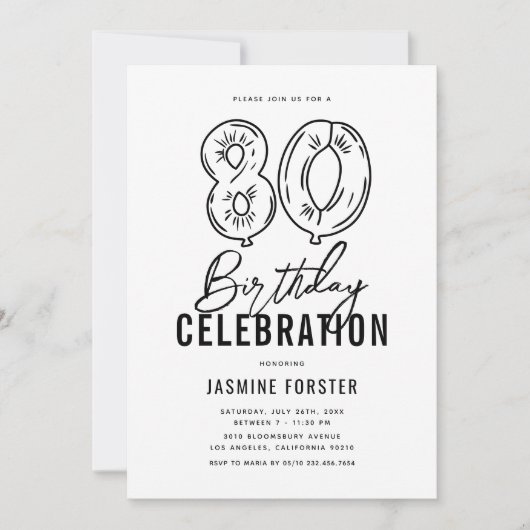 Eenvoudig zwart-wit 80e verjaardagsfeest kaart (Voorkant)