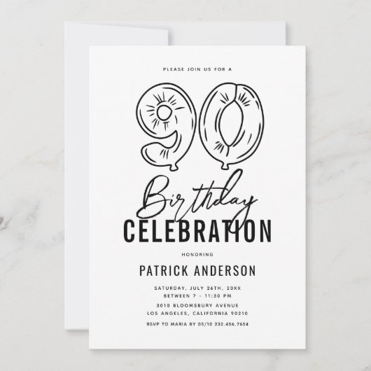 Eenvoudig zwart-wit 90e verjaardagsfeest kaart (Voorkant)