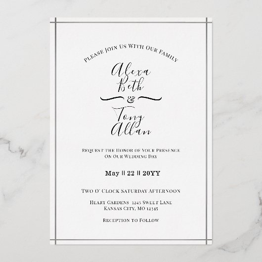 Eenvoudig zwart-wit, aangepaste zilver folie uitnodiging (Voorkant)