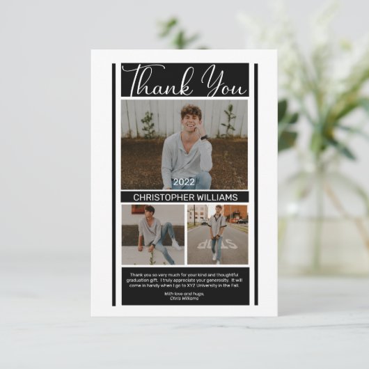 Eenvoudig, zwart-wit Afstuderen Dank u Bedankkaart (Staand voorkant)