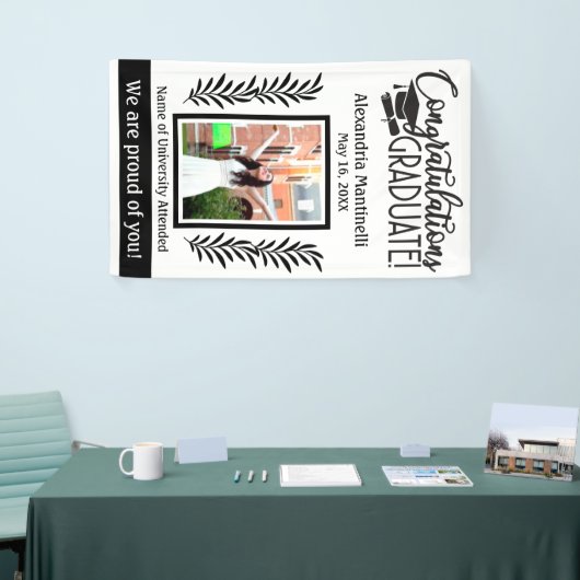 Eenvoudig zwart-wit Afstuderen één foto verticaal Spandoek (Beurs)