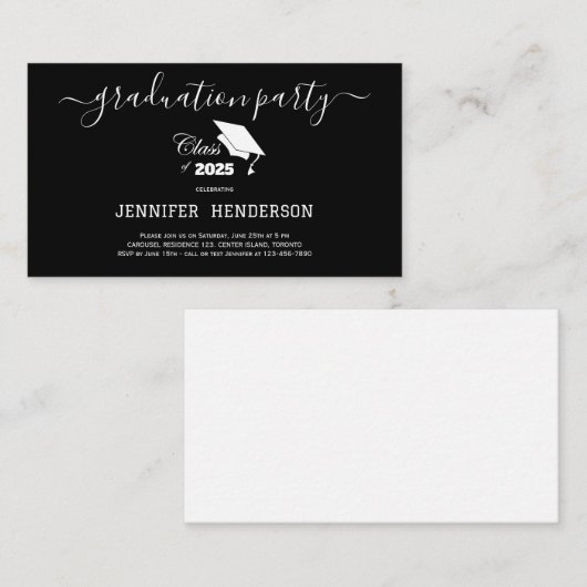 Eenvoudig zwart wit afstuderen Party Class of 2025 Informatiekaartje (Voorkant / Achterkant)