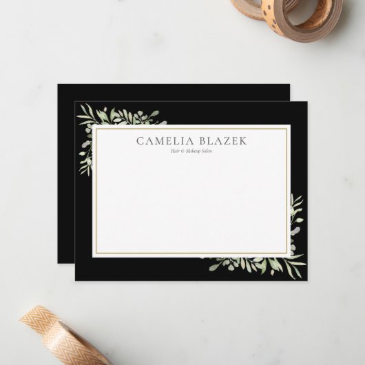 Eenvoudig Zwart Wit Aquarel Groen Notitiekaartje (Voorkant / Achterkant in situ)