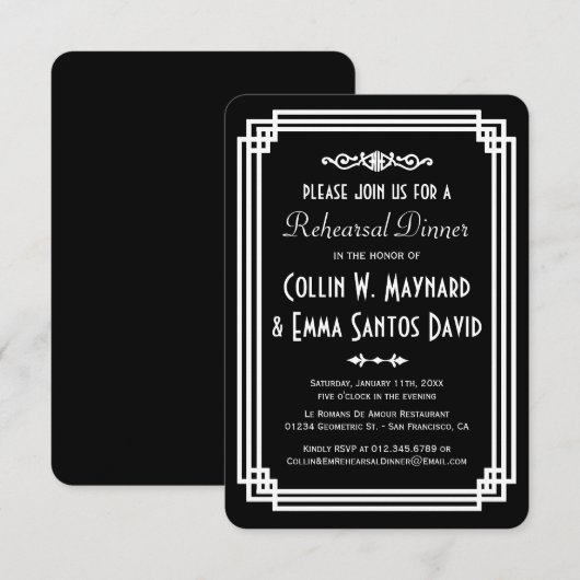 Eenvoudig Zwart & Wit Art Deco repetitie diner Kaart (Voorkant / Achterkant)