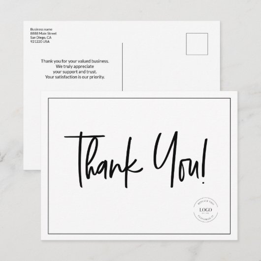 Eenvoudig zwart-wit bedrijfslogo sociale bedankkaa briefkaart (Voorkant / Achterkant)