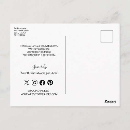 Eenvoudig zwart-wit bedrijfslogo sociale bedankkaa briefkaart (Achterkant)