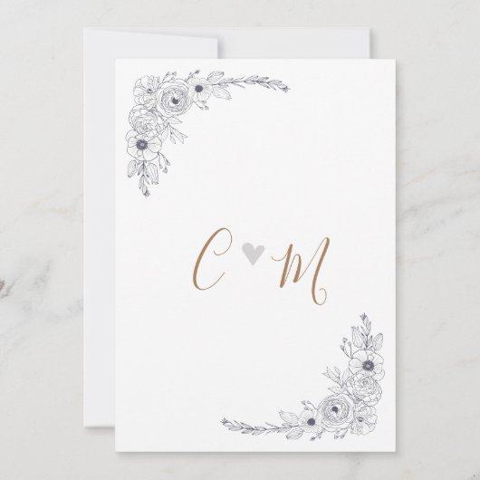 Eenvoudig Zwart & Wit Bloemen Monogram hart Bruilo Kaart (Achterkant)