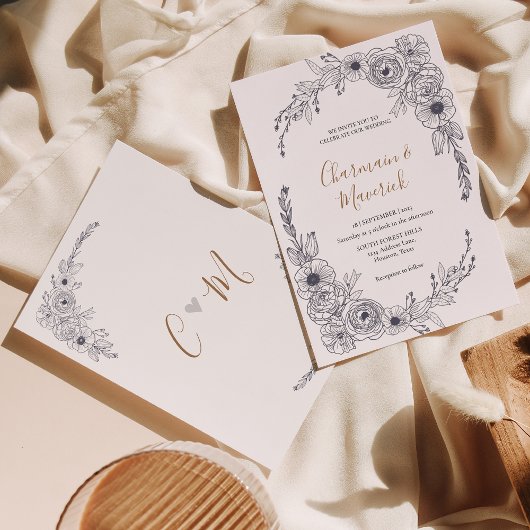 Eenvoudig Zwart & Wit Bloemen Monogram hart Bruilo Kaart