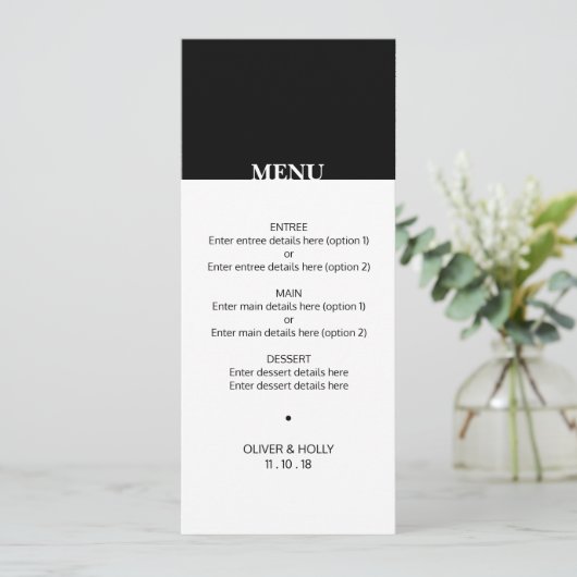 Eenvoudig zwart-wit bruiloft menu (Staand voorkant)
