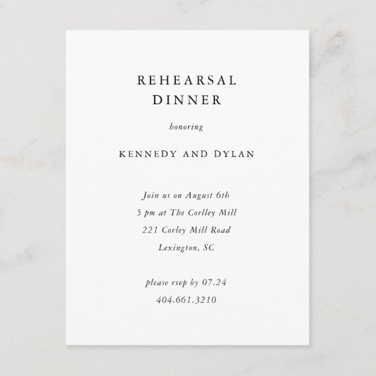 Eenvoudig zwart-wit bruiloft repetitie diner informatiekaartje (Voorkant)