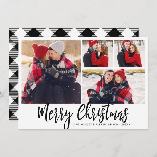Eenvoudig zwart wit buffel Plaid 4 fotocollage Feestdagenkaart (Voorkant / Achterkant)