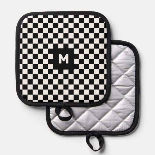 Eenvoudig zwart-wit Checkerboard Monogram Pannenlap (Voorkant / Achterkant)