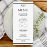 Eenvoudig zwart & wit chique monogram diner bruilo menu<br><div class="desc">Een zwart-wit elegante minimalistische chique huwelijksdiner menu. Wat chique sjabloon ontwerp van effen witte achtergrond en zwarte typografie. En een monogram voor initialen bovenaan. Met zwarte strepen aan de onder- en bovenkant.</div>