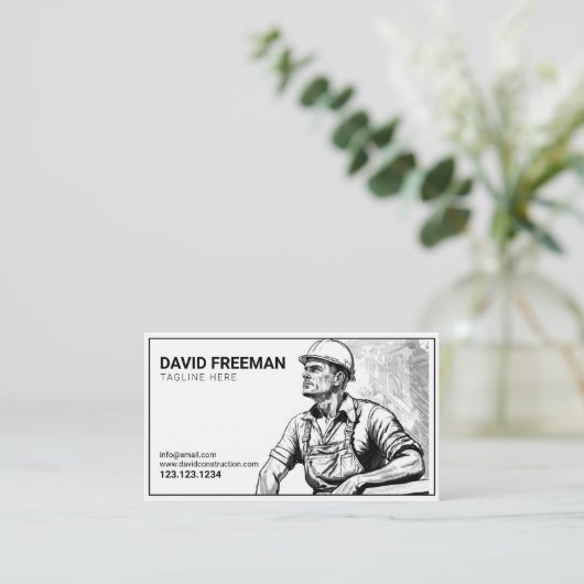 Eenvoudig zwart-wit-constructiewerker visitekaartje (Staand voorkant)