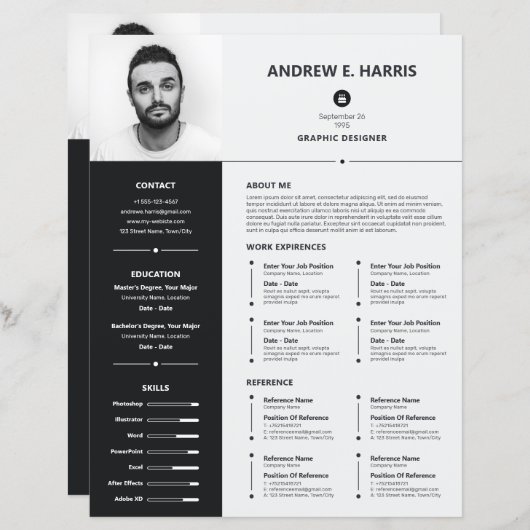 Eenvoudig zwart-wit CV, CV + Letter (Voorkant / Achterkant)