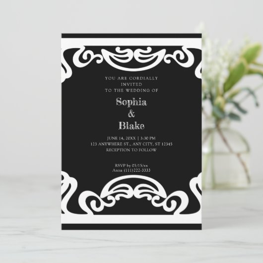 Eenvoudig zwart-wit deco-huwelijk kaart (Staand voorkant)