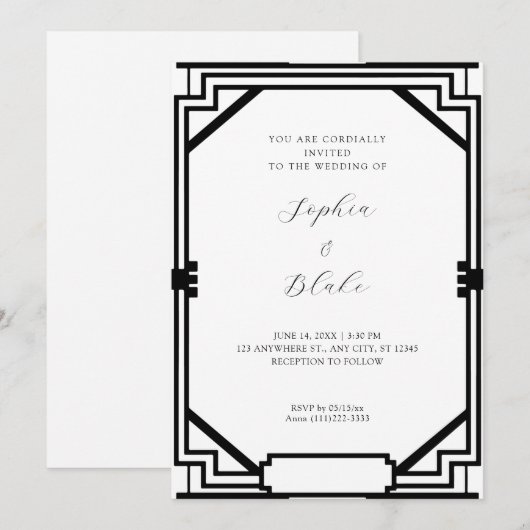 Eenvoudig zwart-wit decohuwelijk kaart (Voorkant / Achterkant)