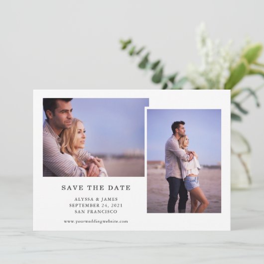 Eenvoudig zwart-wit | Drie foto Save The Date (Staand voorkant)