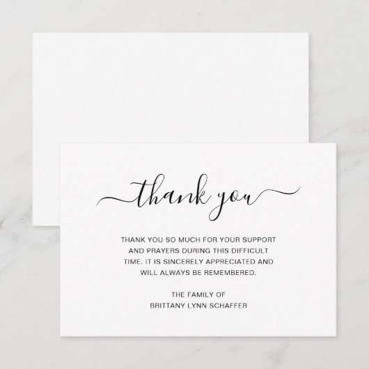 Eenvoudig zwart-wit elegant begrafenissympathie bedankkaart (Voorkant / Achterkant)