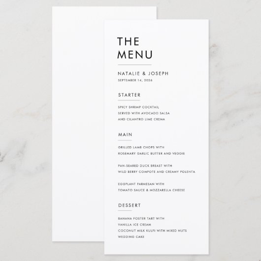 Eenvoudig Zwart & Wit Elegant Bruiloft Diner Eten Menu (Voorkant / Achterkant)