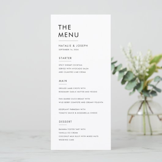 Eenvoudig Zwart & Wit Elegant Bruiloft Diner Eten Menu (Staand voorkant)