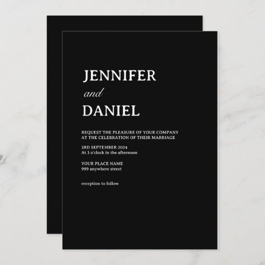 Eenvoudig zwart-wit elegant minimalistisch huwelij kaart (Voorkant / Achterkant)