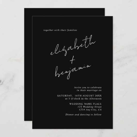 Eenvoudig zwart-wit elegant minimalistisch huwelij kaart (Voorkant / Achterkant)