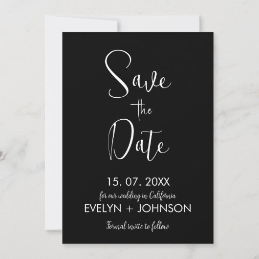 Eenvoudig zwart & wit elegant minimalistisch save the date (Voorkant)