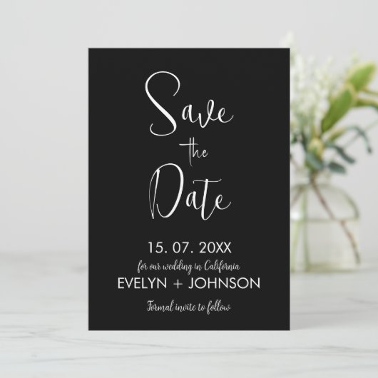 Eenvoudig zwart & wit elegant minimalistisch save the date (Staand voorkant)