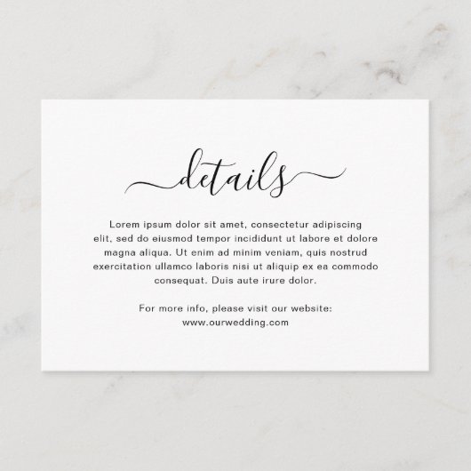 Eenvoudig zwart-wit elegant script bruiloft informatiekaartje (Voorkant)