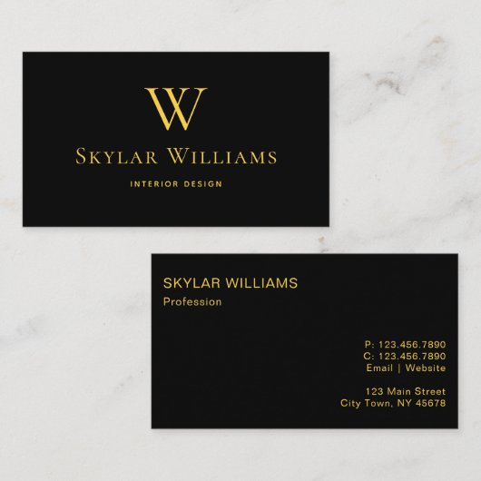 Eenvoudig zwart-wit en goudmonogram visitekaartje (Voorkant / Achterkant)