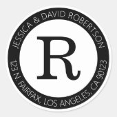 Eenvoudig zwart-wit- en retouradres ronde sticker (Voorkant)