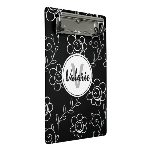 Eenvoudig zwart-wit Floral monogram Mini Klembord