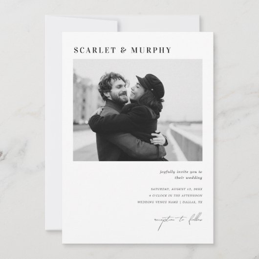 Eenvoudig zwart wit foto monogram & script bruilof kaart (Voorkant)