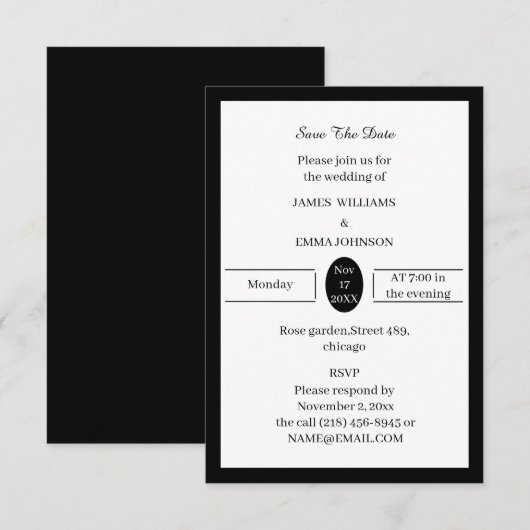 Eenvoudig zwart-wit gepersonaliseerd save the date (Voorkant / Achterkant)