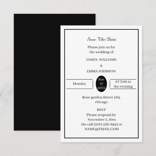 Eenvoudig zwart-wit gepersonaliseerd save the date (Voorkant / Achterkant)