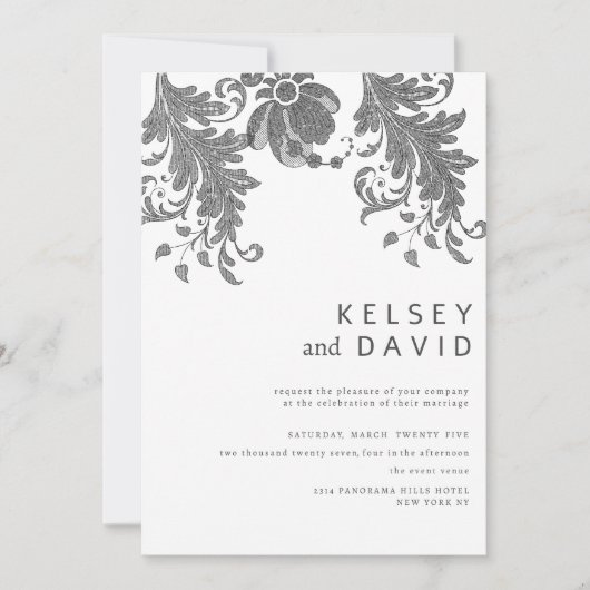 Eenvoudig zwart wit glitter bloemenkant bruiloft kaart (Voorkant)