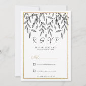 Eenvoudig zwart wit goud bloemenblad RSVP Kaart (Voorkant)