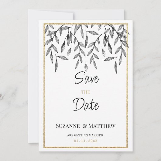 Eenvoudig zwart wit goud gebladerte Save the Date Kaart (Voorkant)