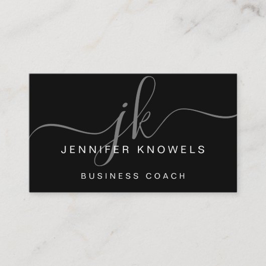 Eenvoudig zwart wit grijs legant monogram script visitekaartje (Voorkant)