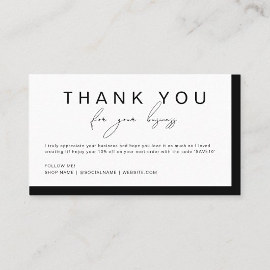 Eenvoudig zwart wit handgeschreven script dank u visitekaartje (Achterkant)