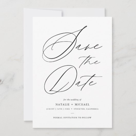 Eenvoudig zwart-wit handschrift met briefing save the date (Voorkant)