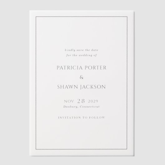 Eenvoudig zwart-wit huwelijk sparen de Datum Vellum Uitnodigingen (Voorkant)