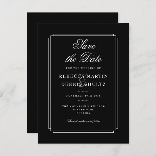 Eenvoudig zwart-wit Klassiek deco sparen de Datum Aankondigingskaart (Voorkant / Achterkant)